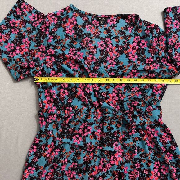 Cheztu Womens‎ Dress 12 Turquoise Blue Pink Floral Faux Wrap Ruffle Cottagecore - Picture 9 of 16